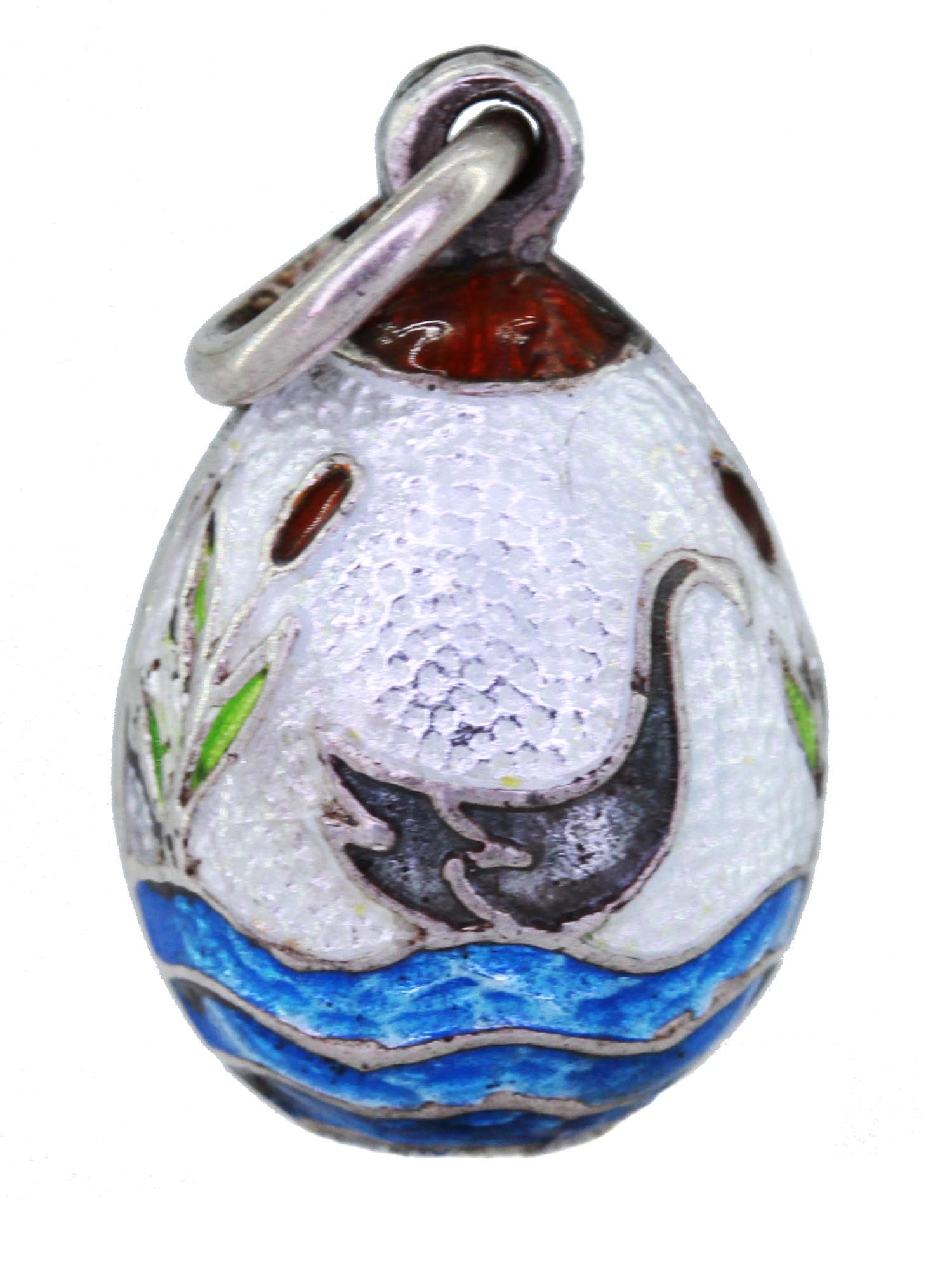 RUSSIAN SILVER AND ENAMEL SWAN LAKE EGG PENDANT PIC-0